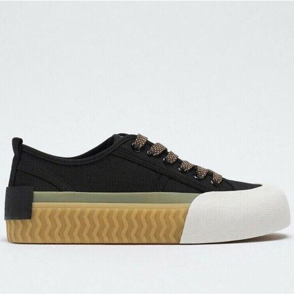 Zara Toecap Contrast Chunky Low Profile Gum Sole Trainers in Black - Picture 2 of 13